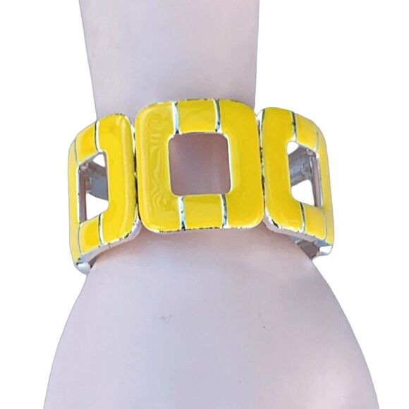 Vintage Yellow Wide Square Stretch Bracelet Silver Tone Enamel - Picture 1 of 8